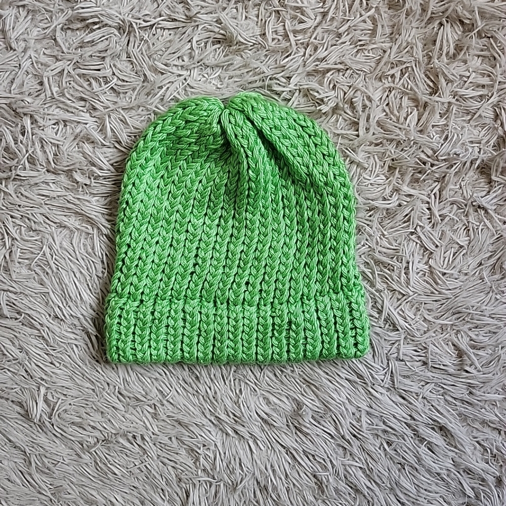 Hand Knit Brat Green Beanie Hat Handmade Fall Winter Outdoors